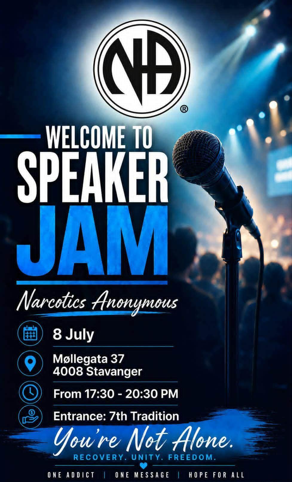 ECCNA 41 Speaker Jam. A Narcotics Anonymous speaker meeting on 8 July at Møllegata 37, 4008 Stavanger, from 17:30 to 20:30. Entrance: 7th Tradition. You're Not Alone — Recovery. Unity. Freedom. One addict, one message, hope for all.
