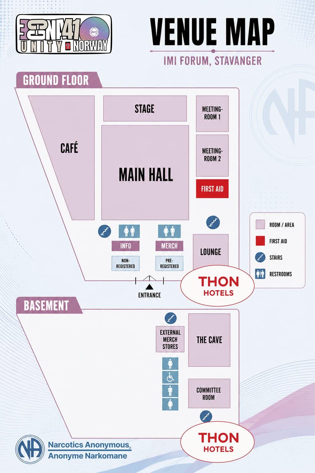 ECCNA 41 venue map of the IMI Forum, Stavanger. Ground floor: Café, Stage, Main Hall, Meeting-Room 1 and 2, First Aid, Info and Merch desks (non-registered and pre-registered entrances), Lounge, restrooms and stairs, with the entrance at the front. Basement: External Merch Stores, The Cave, Committee Room, restrooms and stairs.
